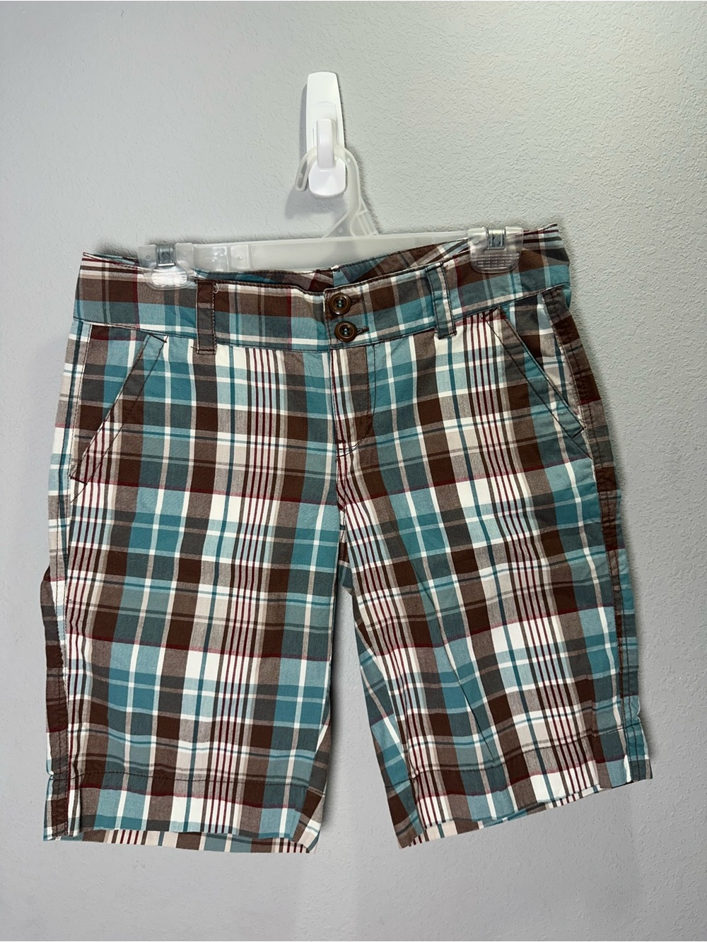 Maurices Teal, Brown & Cream Plaid Bermudas
